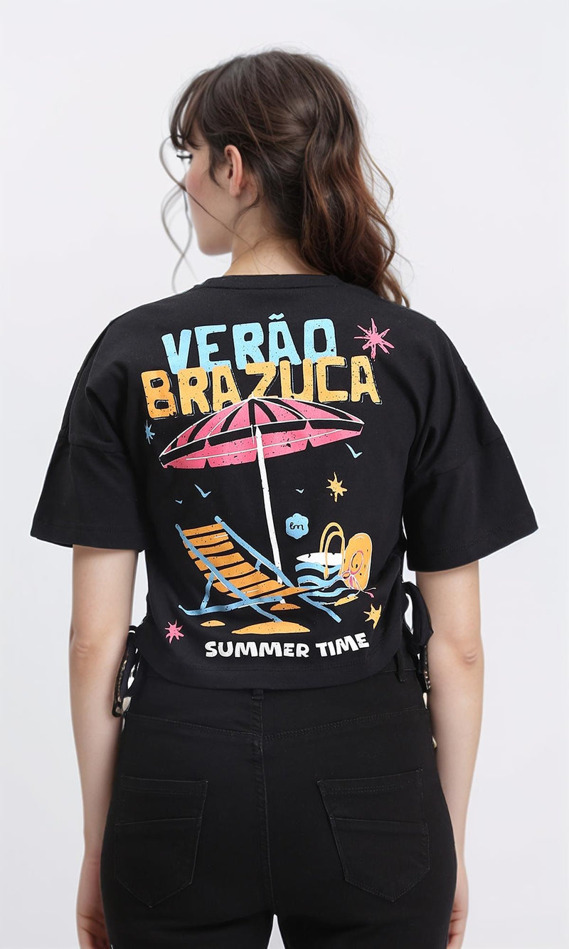 R209435 - "Summer Time" Printed Drawstring Tee - Black