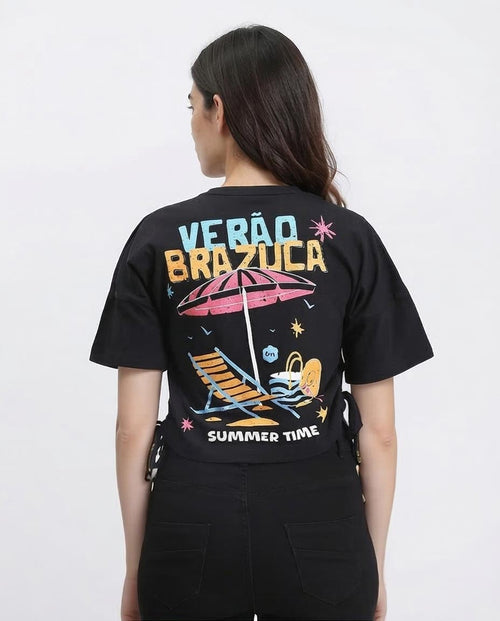 Ravin Women’s Side-Tie Cropped T-Shirt – Summer Time Graphic Print - Black - R209435