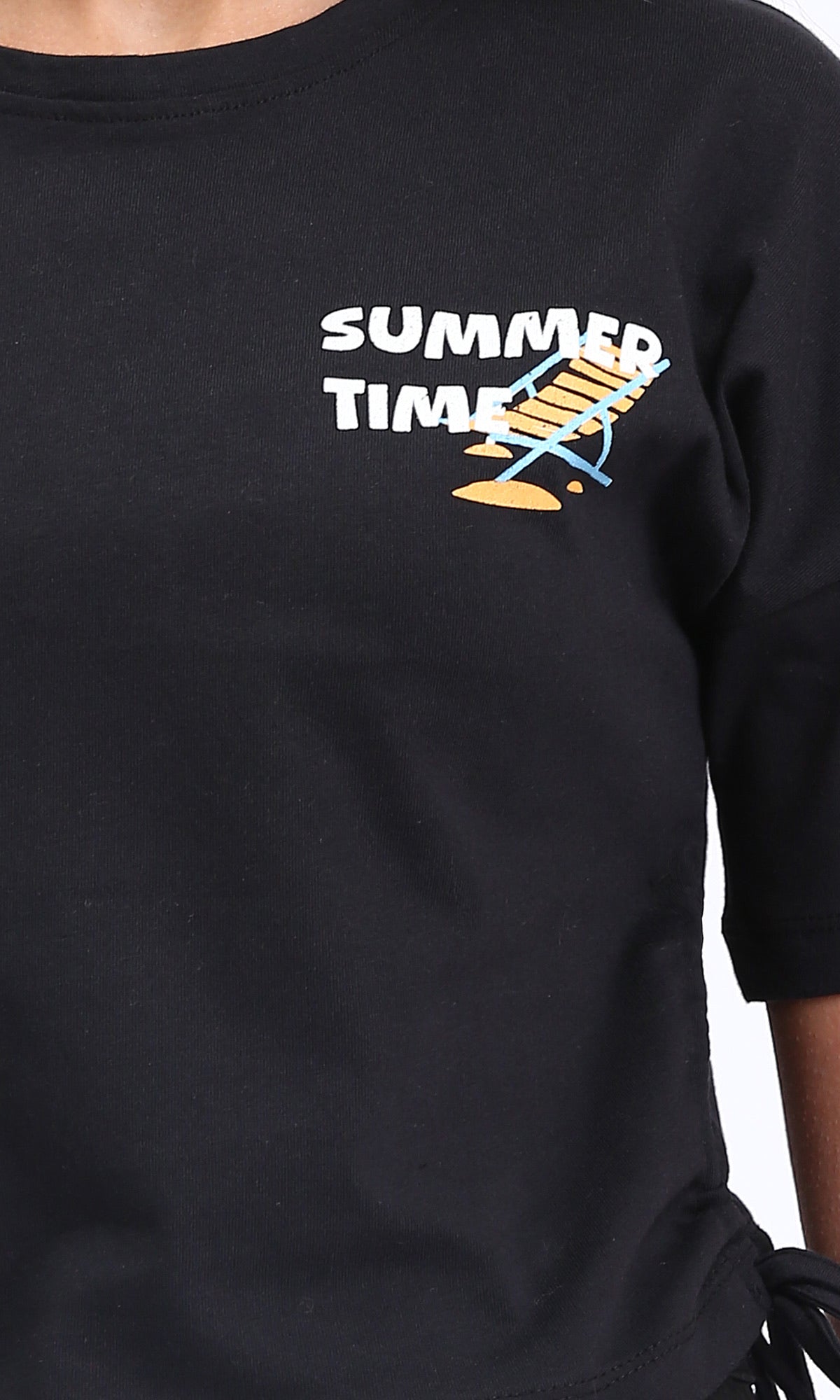 R209435 - "Summer Time" Printed Drawstring Tee - Black