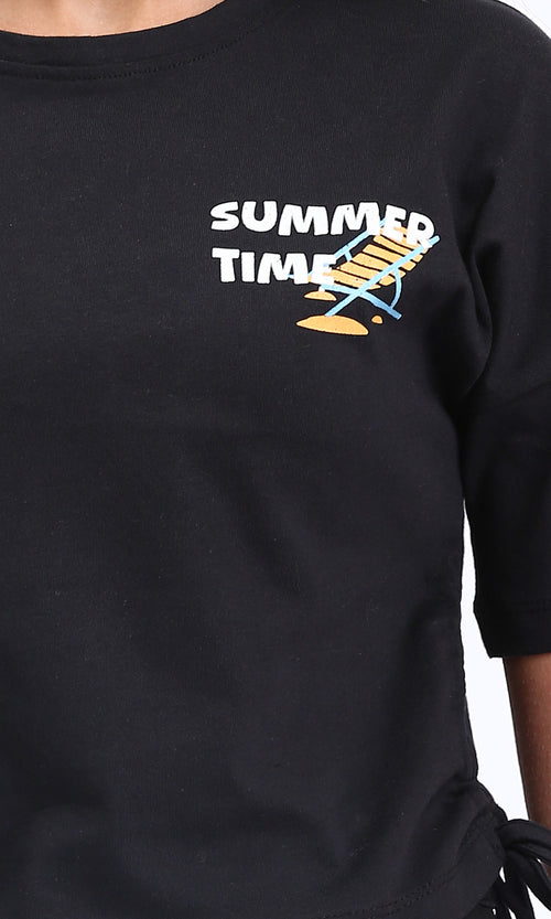 R209435 - "Summer Time" Printed Drawstring Tee - Black