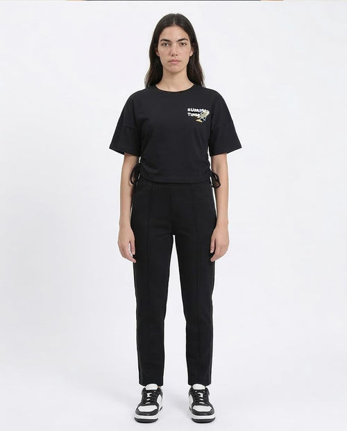 Ravin Women’s Side-Tie Cropped T-Shirt – Summer Time Graphic Print - Black - R209435