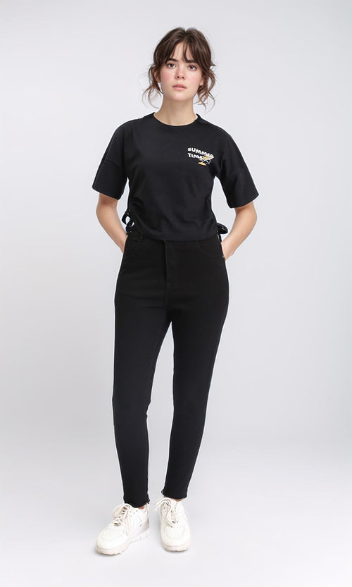 R209435 - "Summer Time" Printed Drawstring Tee - Black