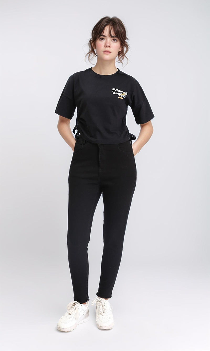 R209435 - "Summer Time" Printed Drawstring Tee - Black