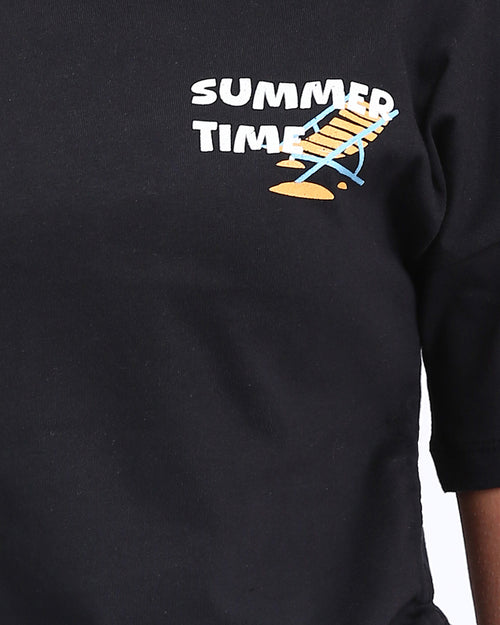 Ravin Women’s Side-Tie Cropped T-Shirt – Summer Time Graphic Print - Black - R209435