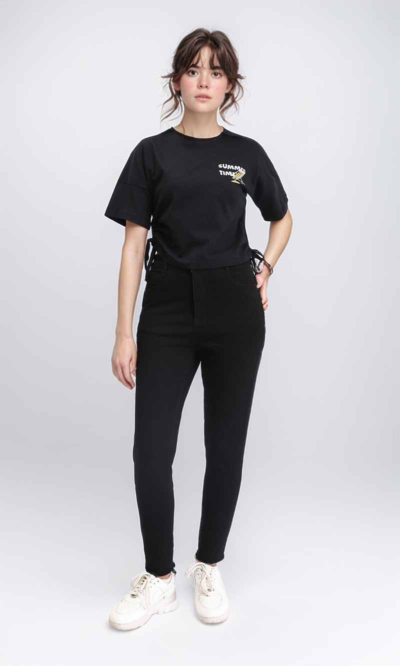 R209435 - "Summer Time" Printed Drawstring Tee - Black