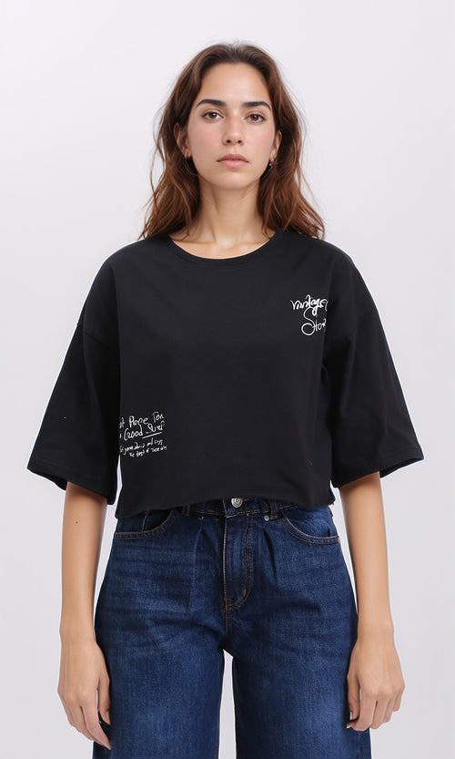 R209436 - Printed Crew Neck Elbow Sleeves Tee - Black