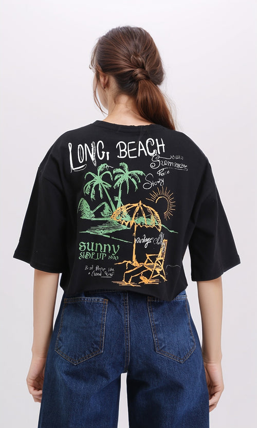 R209436 - Printed Crew Neck Elbow Sleeves Tee - Black