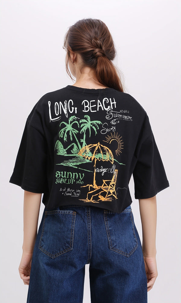 R209436 - Printed Crew Neck Elbow Sleeves Tee - Black