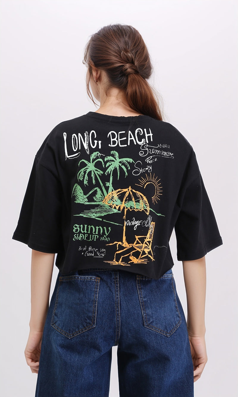 R209436 - Printed Crew Neck Elbow Sleeves Tee - Black