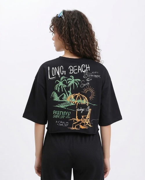 Ravin Women's Oversized Boxy Crop T-Shirt with Back Beach Graphic – Black - R209436