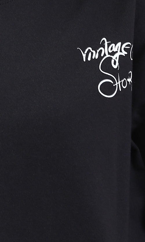 R209436 - Printed Crew Neck Elbow Sleeves Tee - Black