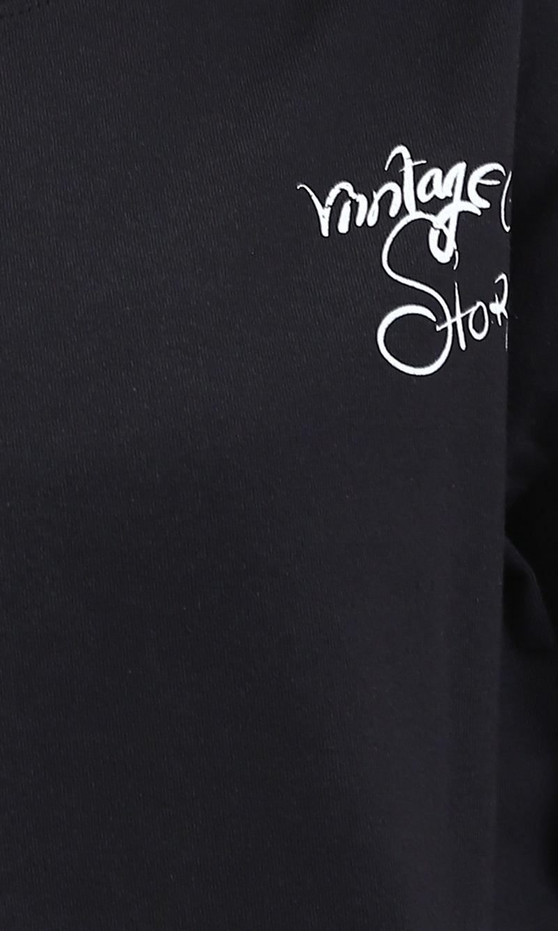 R209436 - Printed Crew Neck Elbow Sleeves Tee - Black