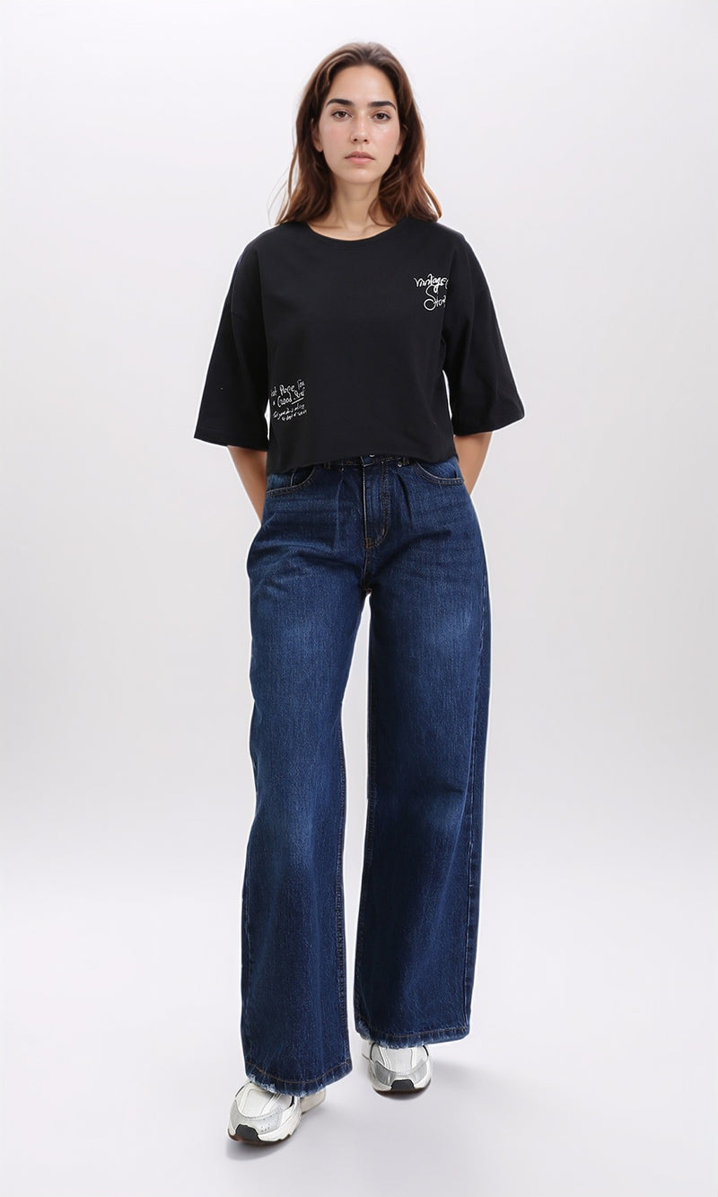 R209436 - Printed Crew Neck Elbow Sleeves Tee - Black