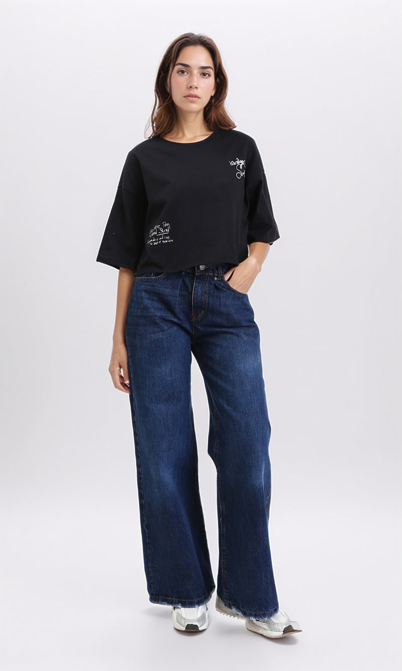 R209436 - Printed Crew Neck Elbow Sleeves Tee - Black