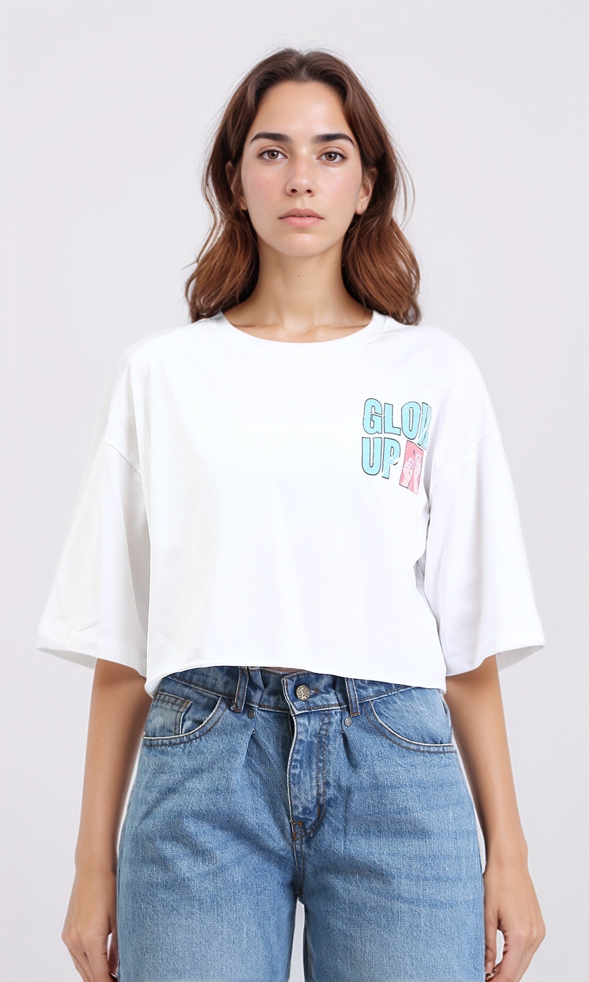 Printed "glow Up" Elbow Sleeves Tee - White