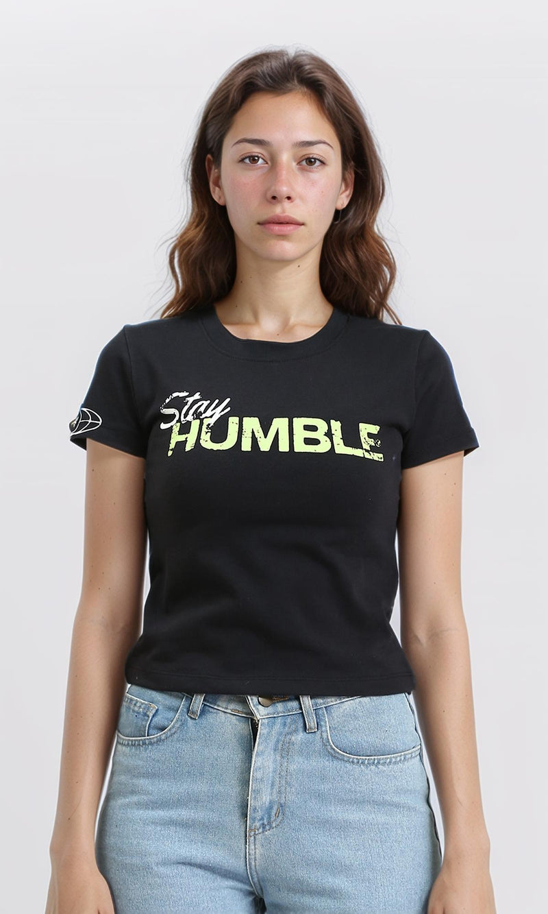 R209438 - Round Neck Printed Short Sleeves Tee - Black