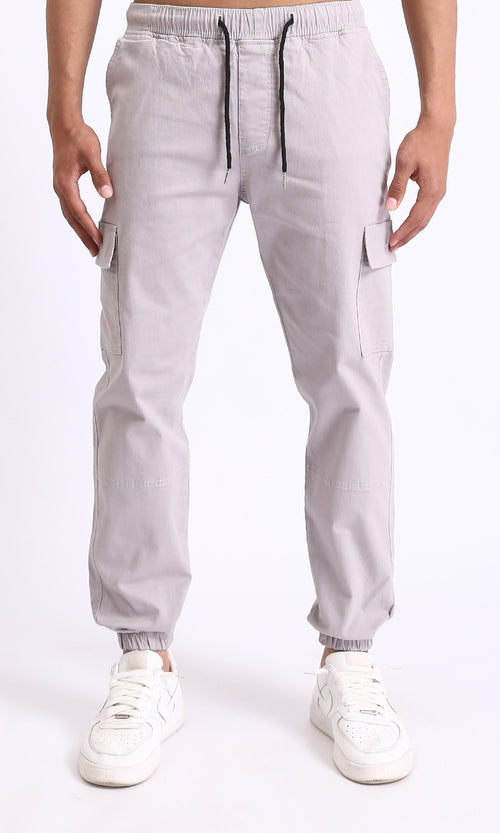 R209469 - Casual Cargo Pants with Hem - Light Grey