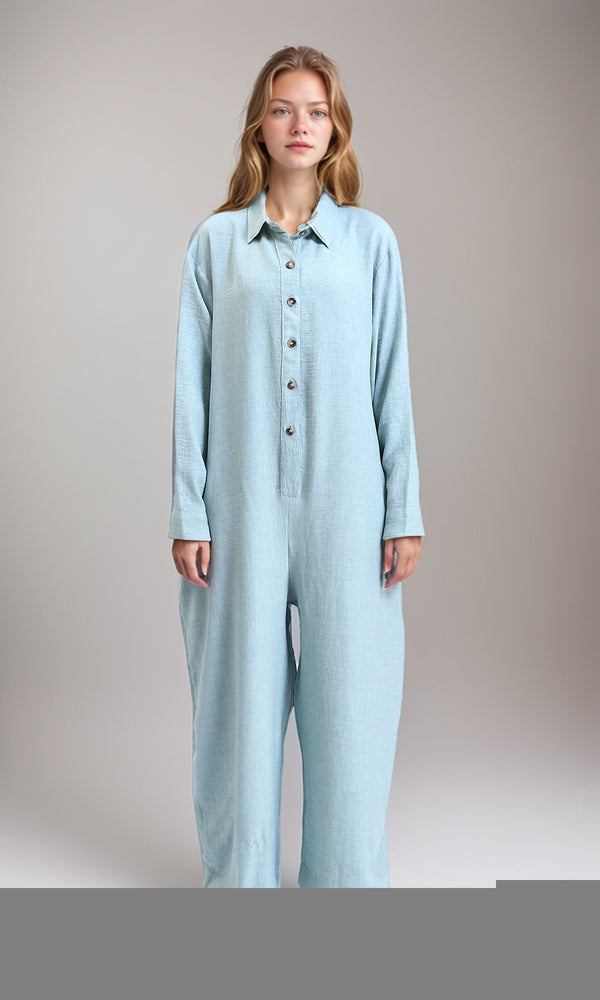 R209473 - Loose Fit Long Sleeves Buttoned Jumpsuit - Mint