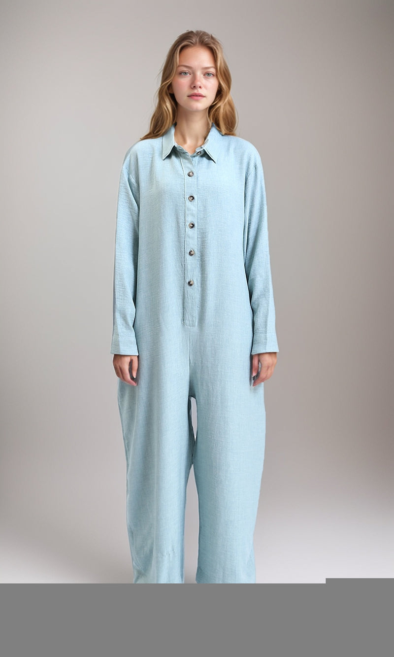 R209473 - Loose Fit Long Sleeves Buttoned Jumpsuit - Mint