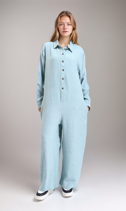 R209473 - Loose Fit Long Sleeves Buttoned Jumpsuit - Mint