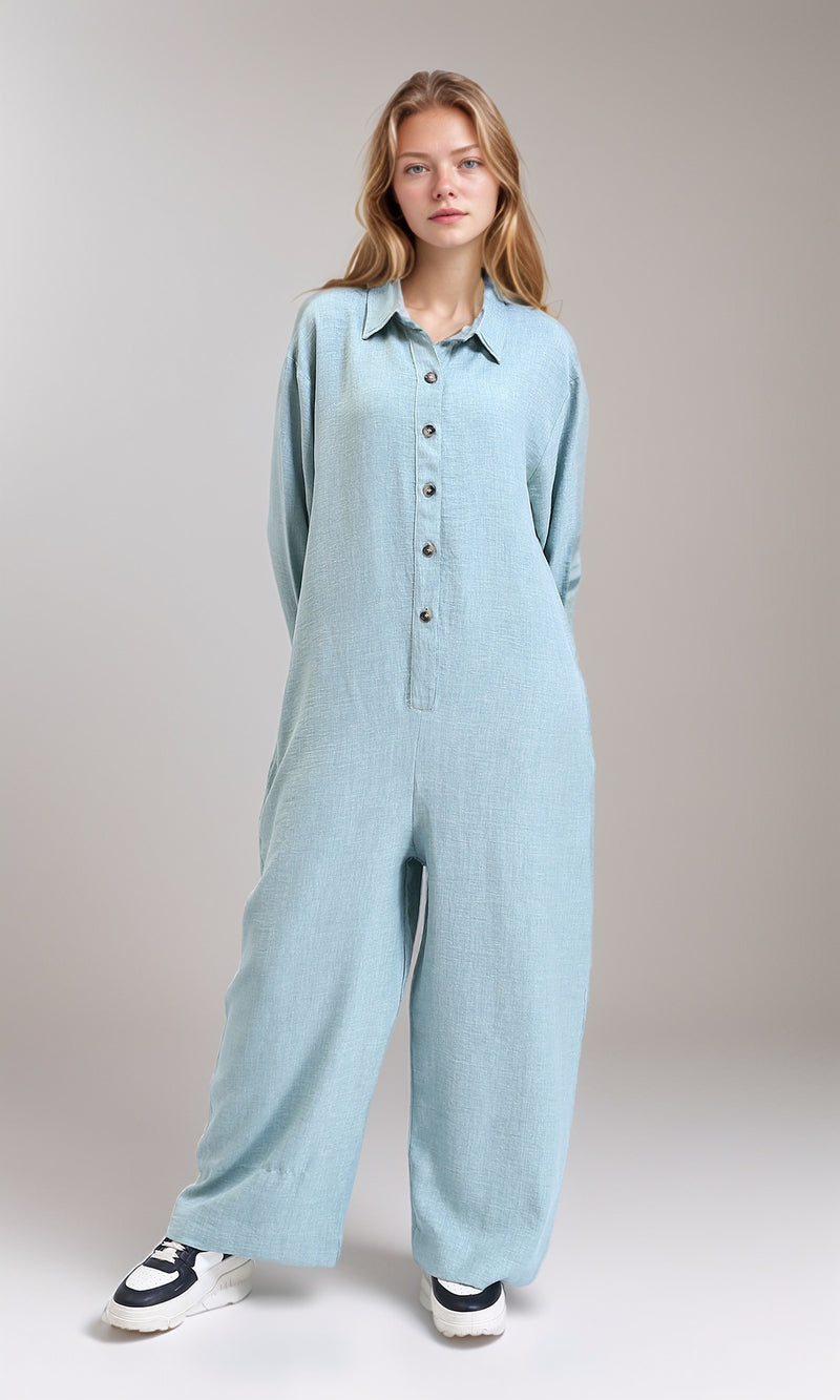 R209473 - Loose Fit Long Sleeves Buttoned Jumpsuit - Mint