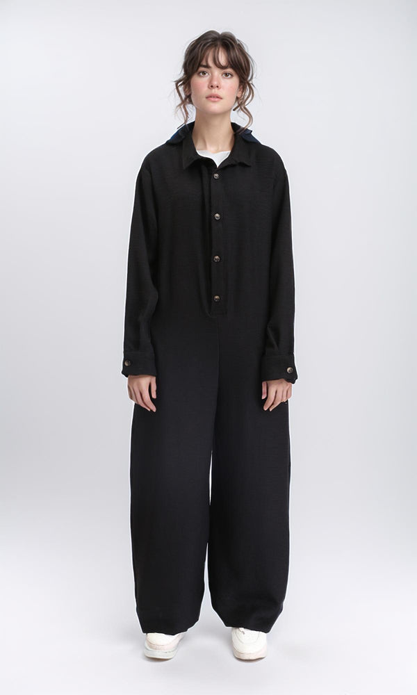 R209474 - Long Sleeves Summer Buttoned Jumpsuit - Black