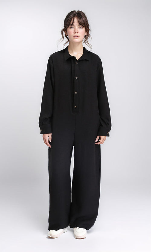R209474 - Long Sleeves Summer Buttoned Jumpsuit - Black