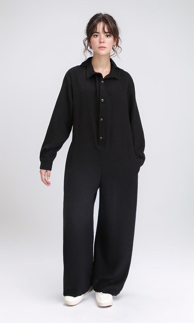 R209474 - Long Sleeves Summer Buttoned Jumpsuit - Black