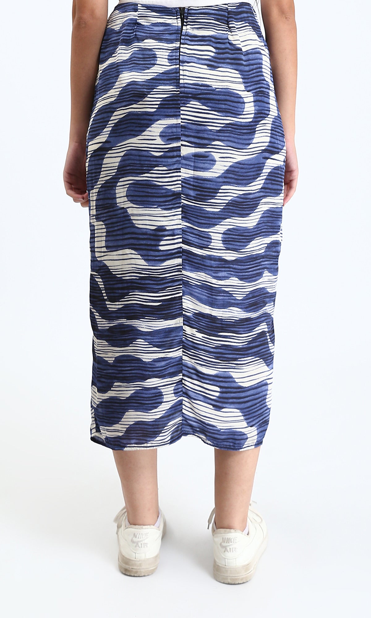 Blue Abstract Waves Plissé Draped Midi Skirt - R209475