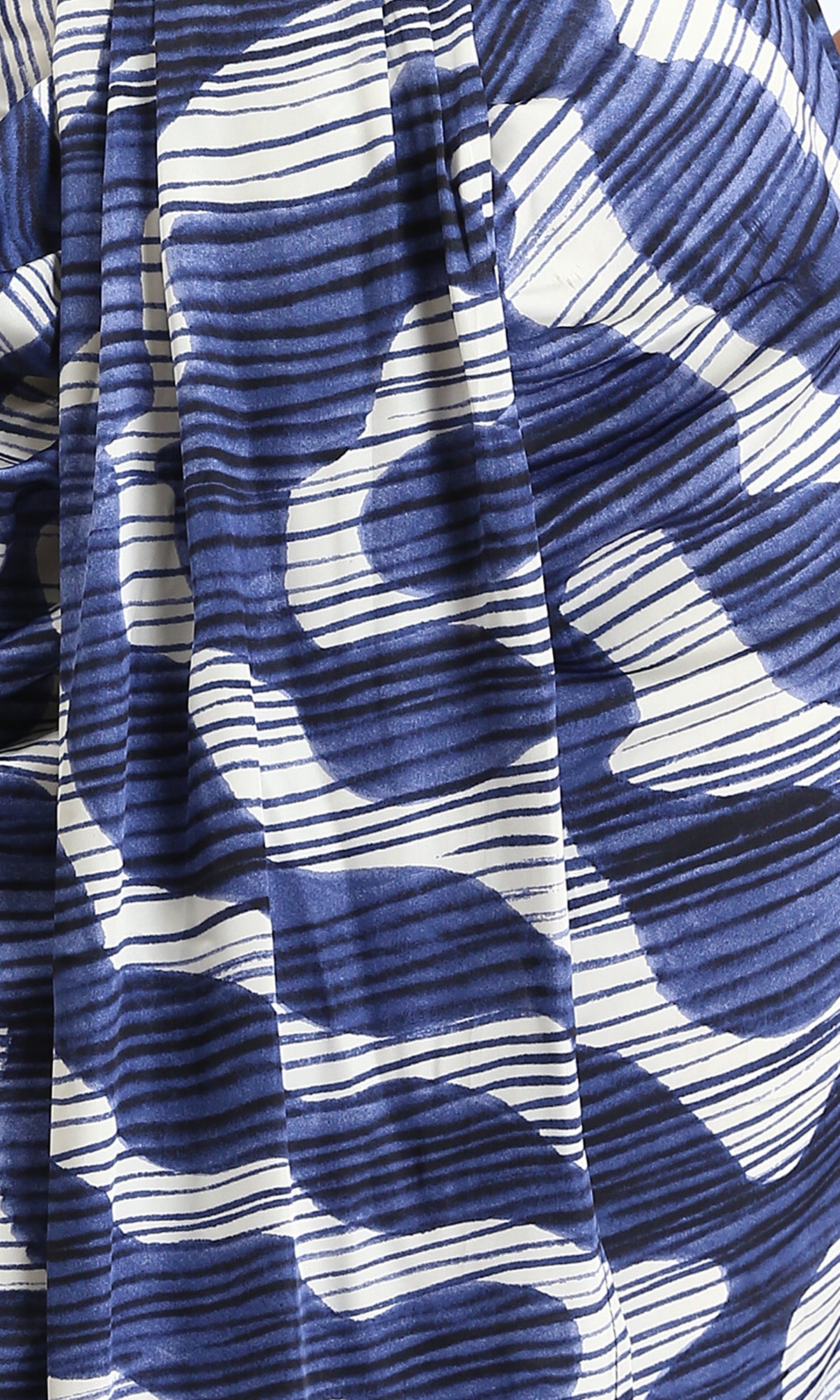 Blue Abstract Waves Plissé Draped Midi Skirt - R209475