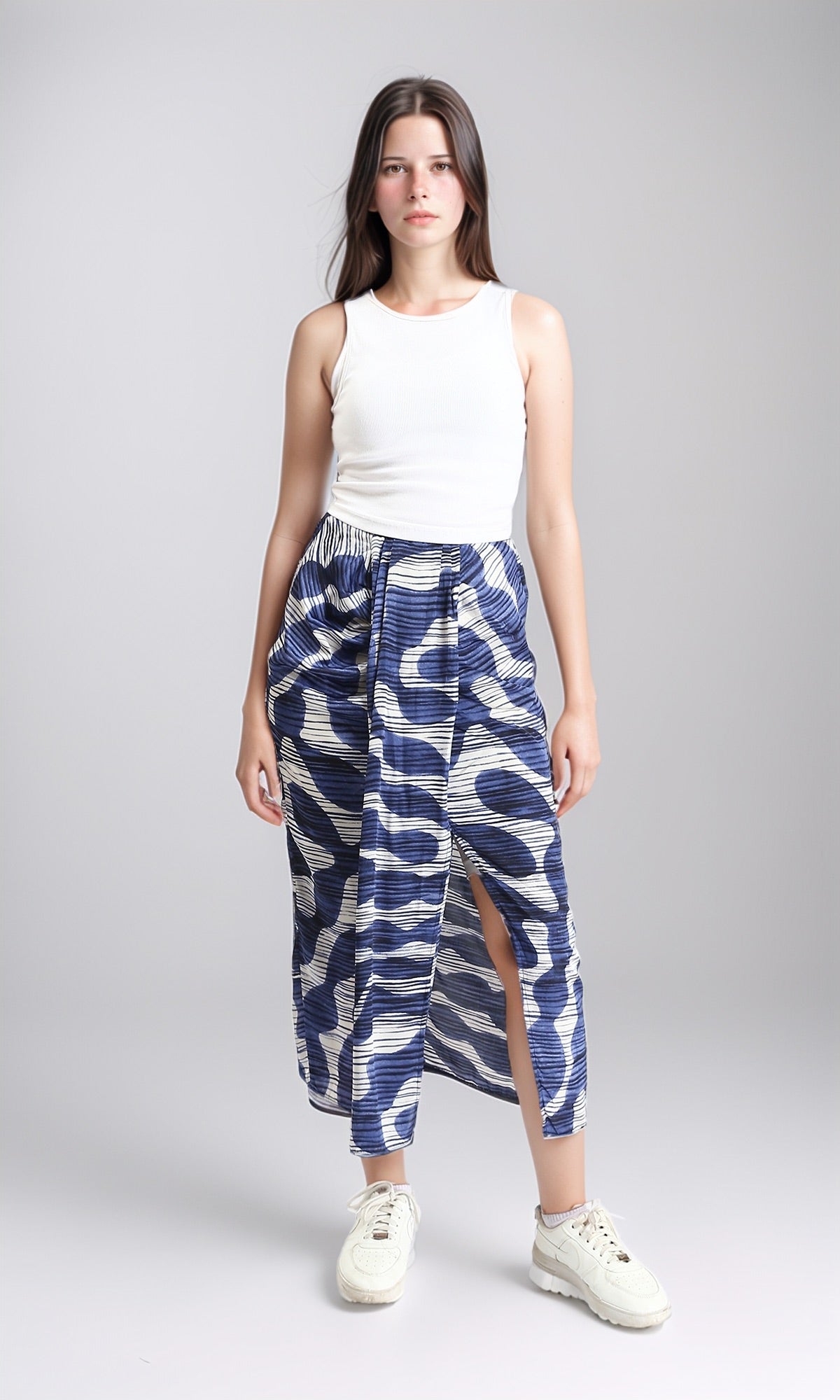 Blue Abstract Waves Plissé Draped Midi Skirt - R209475