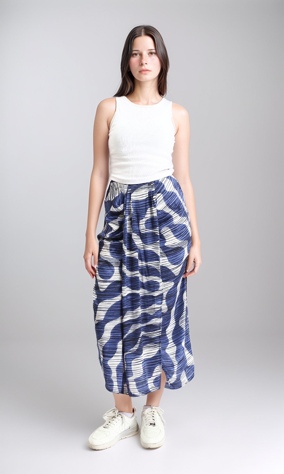 Blue Abstract Waves Plissé Draped Midi Skirt - R209475