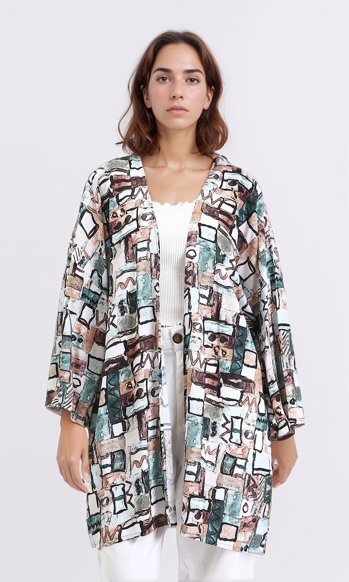 Patterned Long Sleeves Summer Cardigan - Mint & Brown