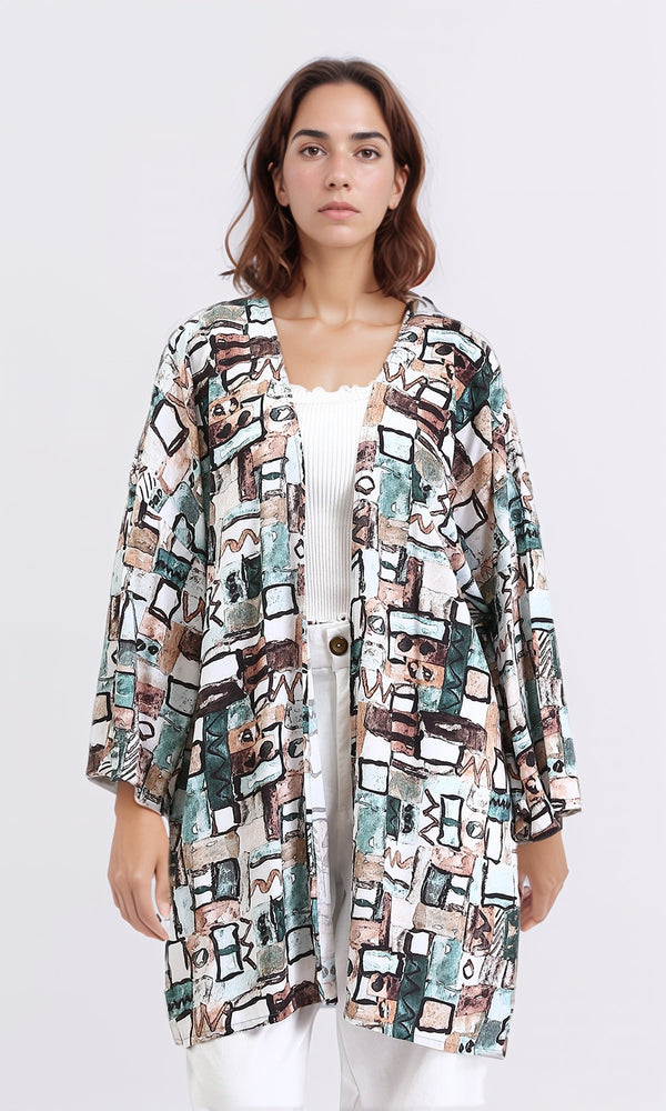 R209476 - Patterned Long Sleeves Summer Cardigan - Mint & Brown