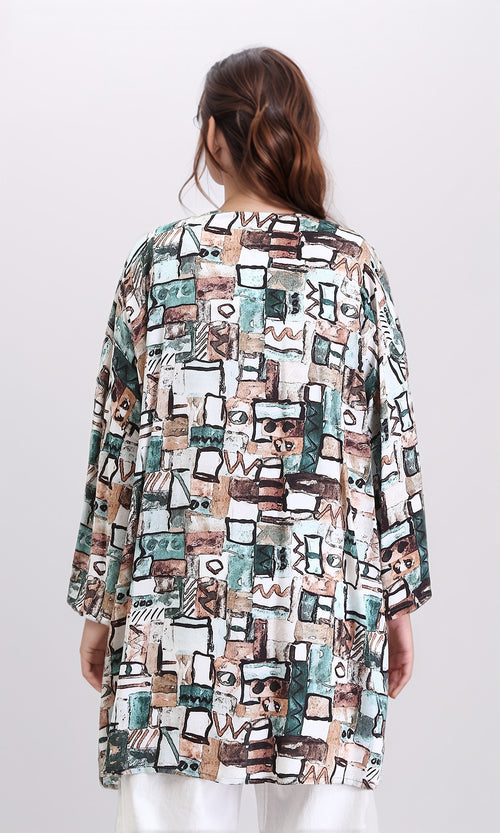 R209476 - Patterned Long Sleeves Summer Cardigan - Mint & Brown