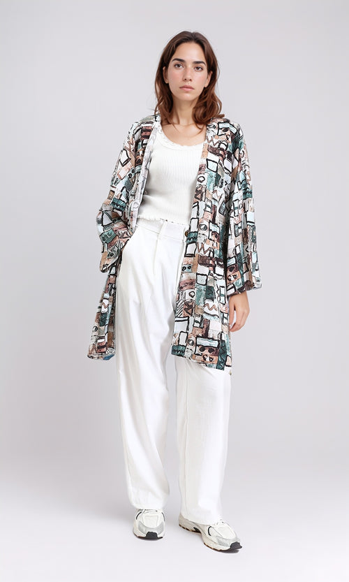 R209476 - Patterned Long Sleeves Summer Cardigan - Mint & Brown
