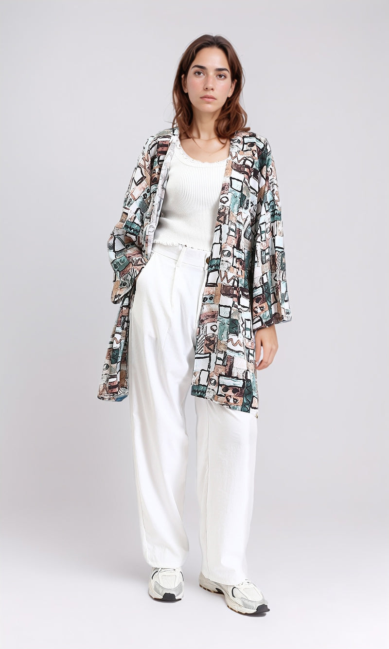 R209476 - Patterned Long Sleeves Summer Cardigan - Mint & Brown