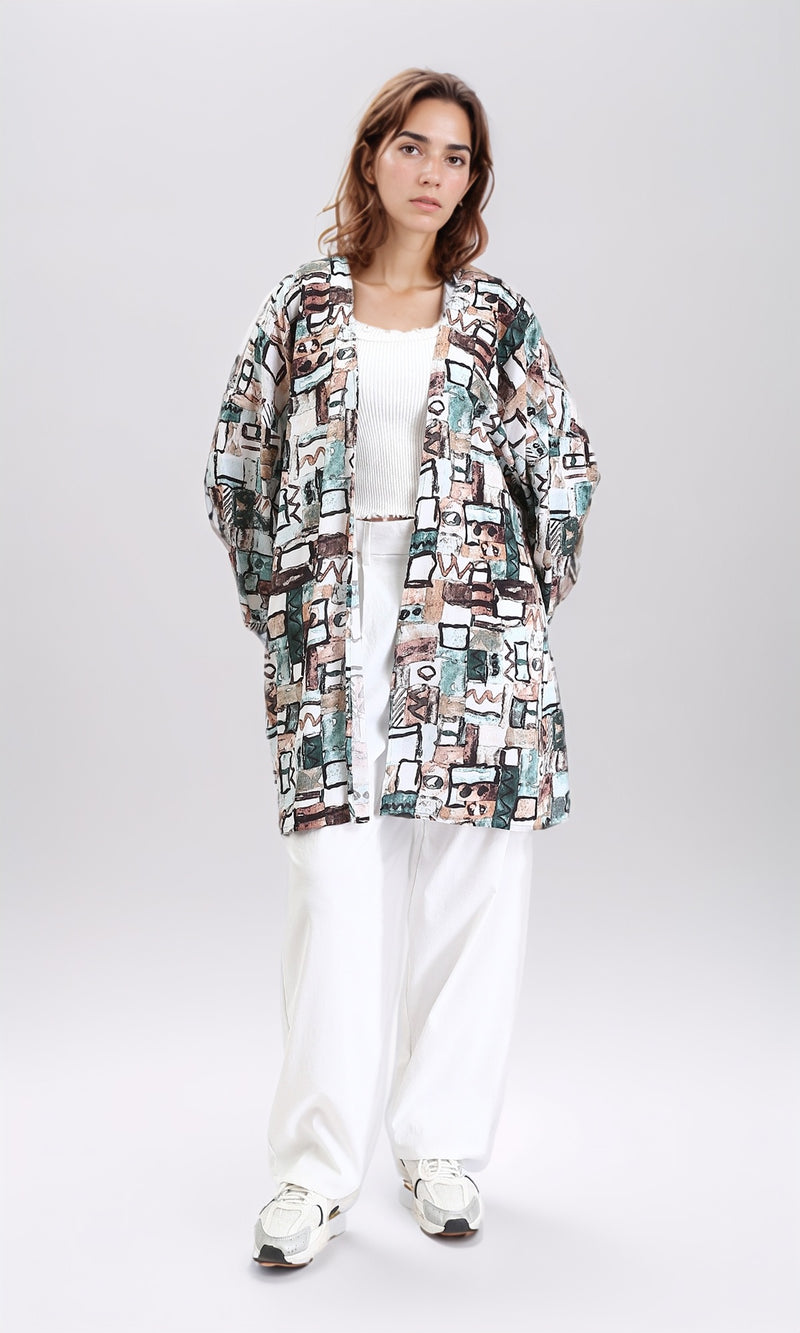 R209476 - Patterned Long Sleeves Summer Cardigan - Mint & Brown