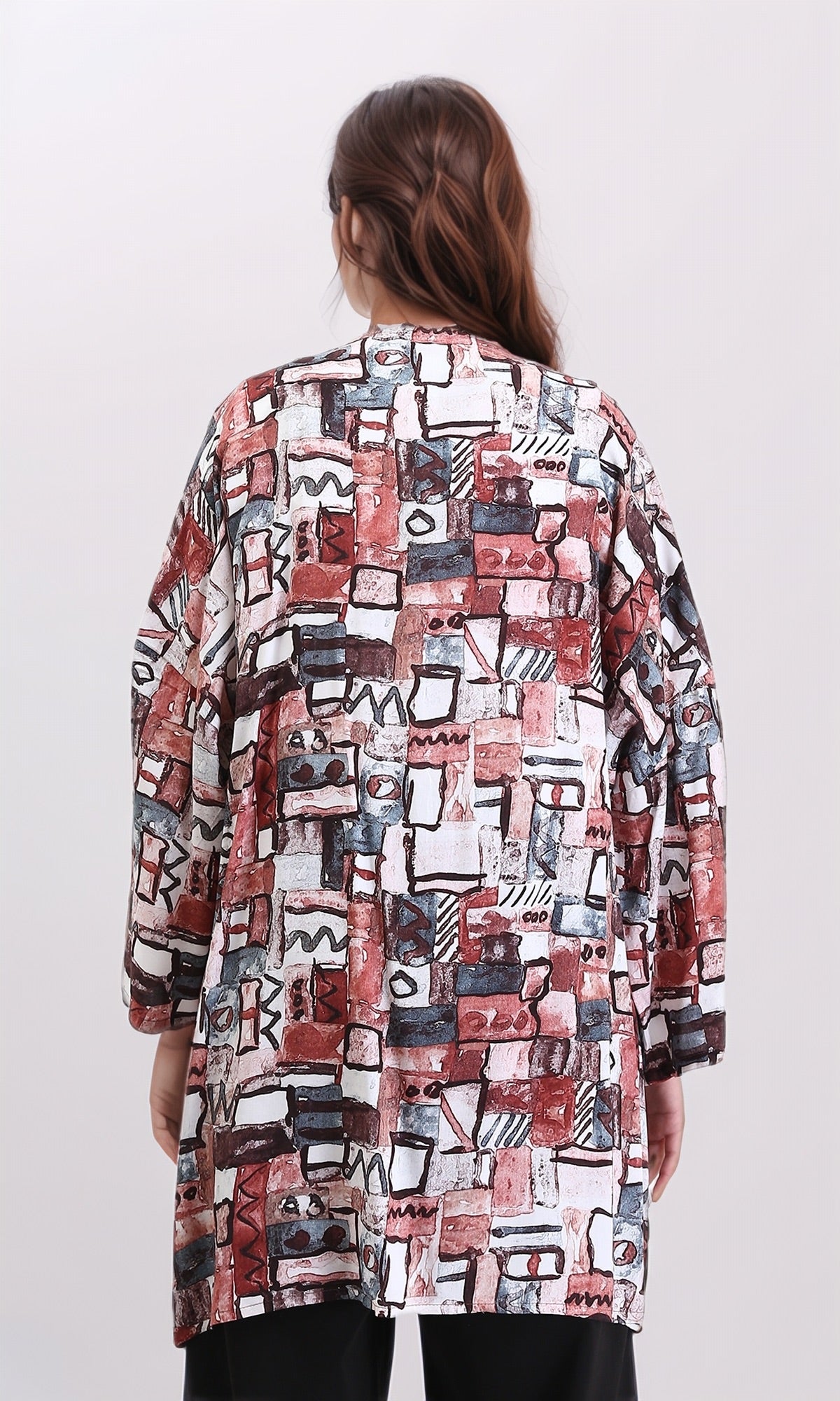 R209477 - Patterned Long Sleeves Summer Cardigan - Burgundy & Brown