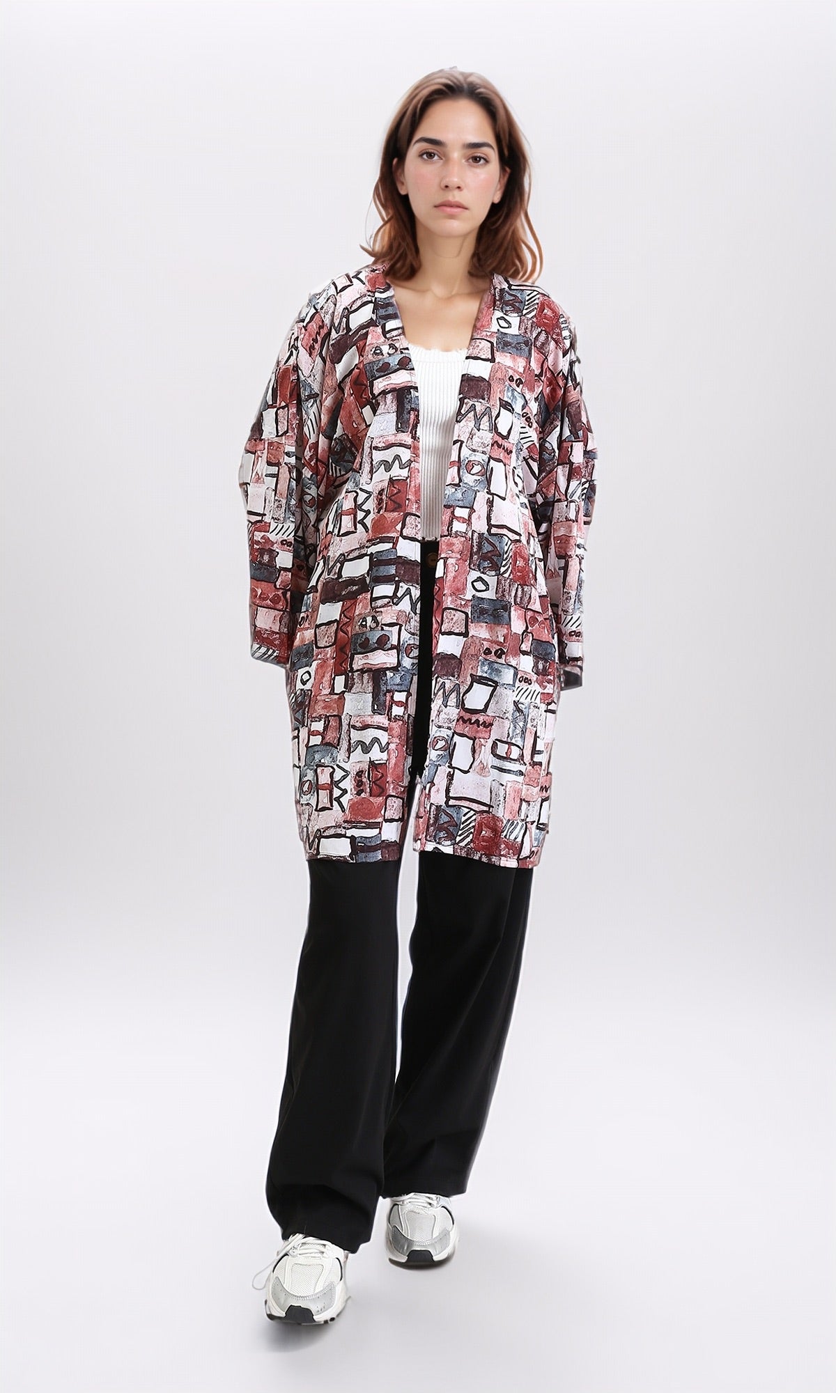 R209477 - Patterned Long Sleeves Summer Cardigan - Burgundy & Brown