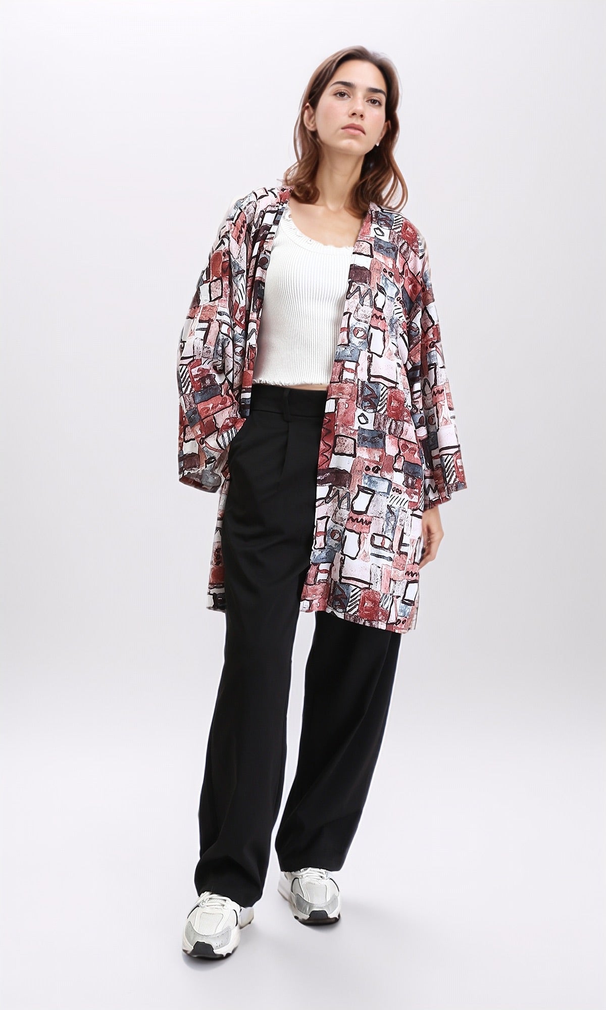 R209477 - Patterned Long Sleeves Summer Cardigan - Burgundy & Brown