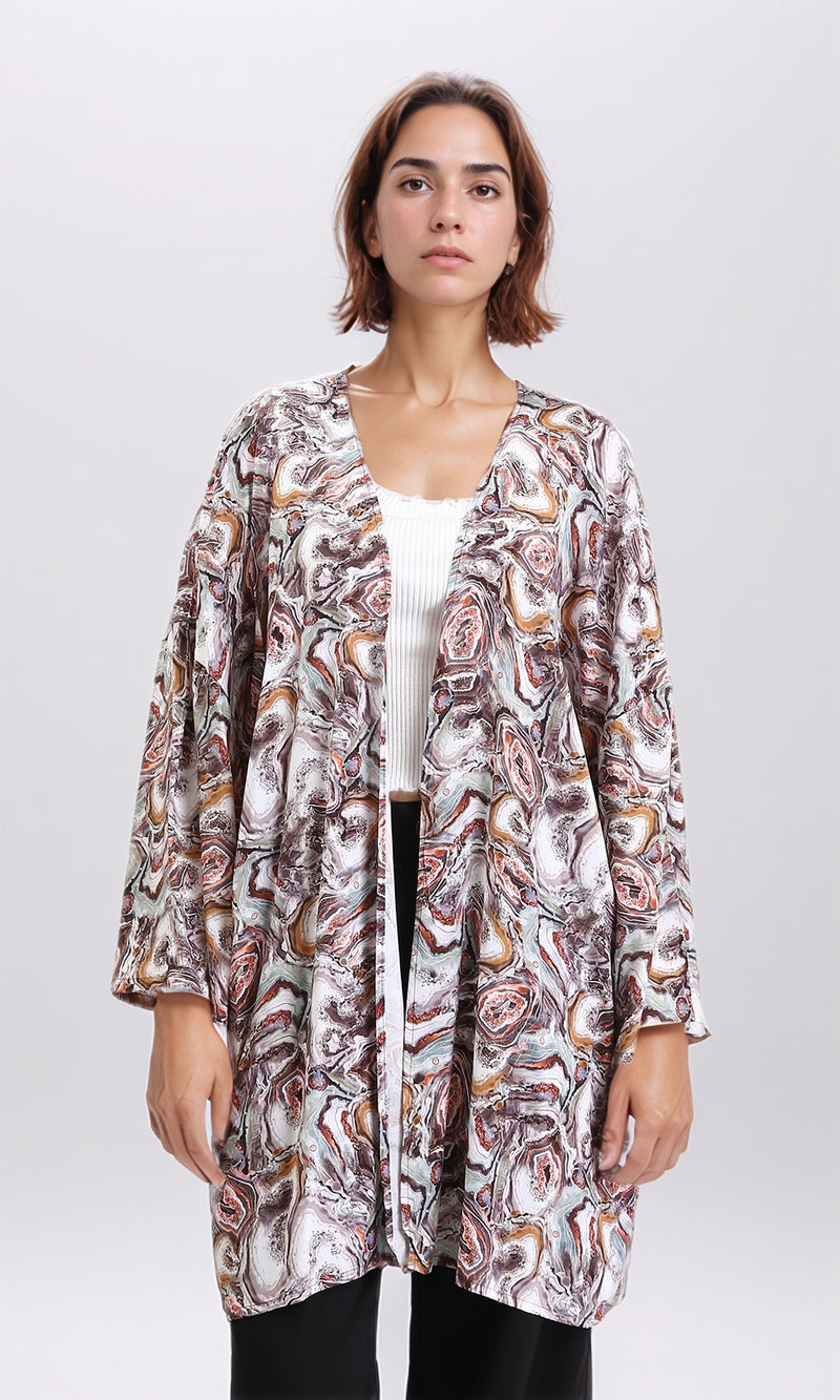 R209478 - Patterned Slip On Summer Cardigan - Brown & Orange