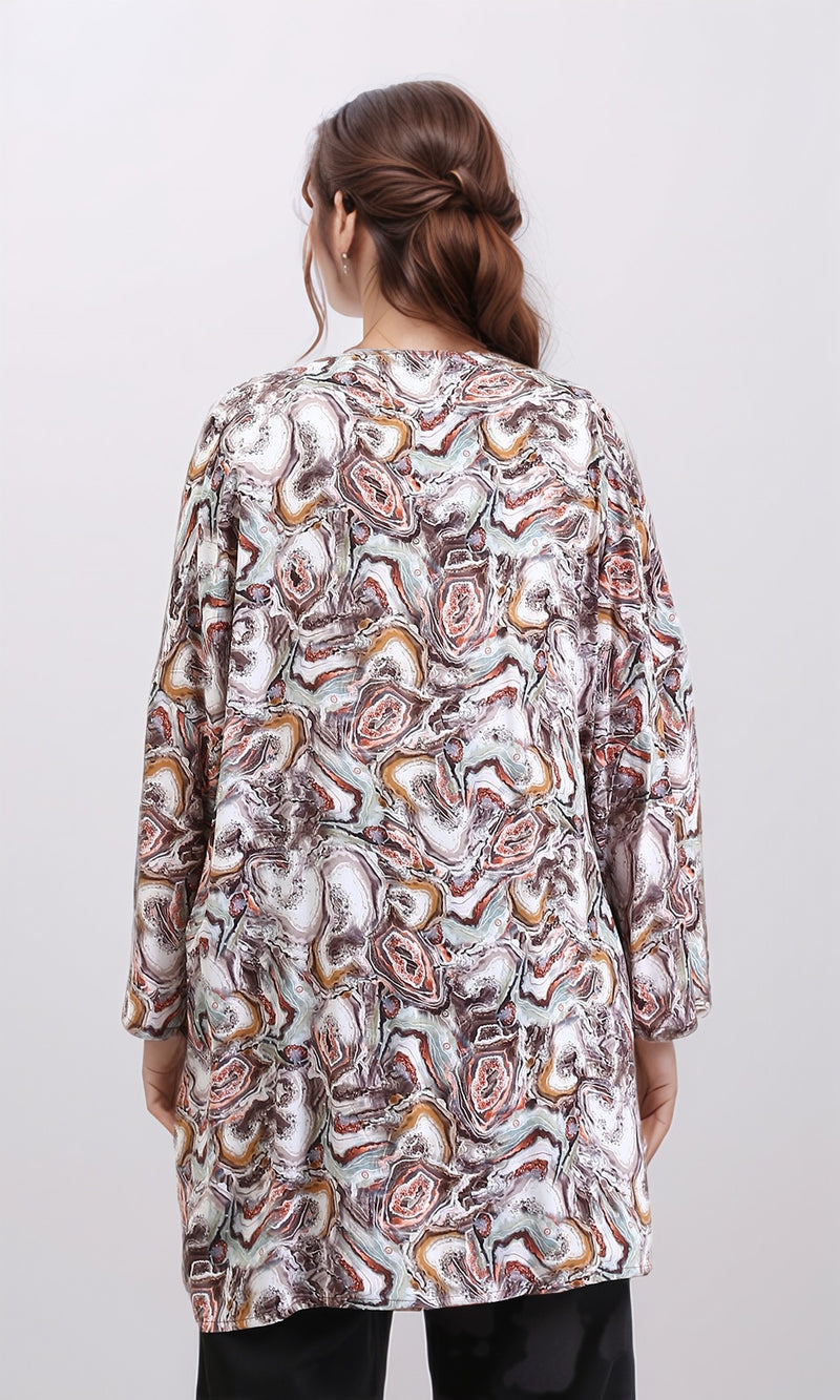 R209478 - Patterned Slip On Summer Cardigan - Brown & Orange