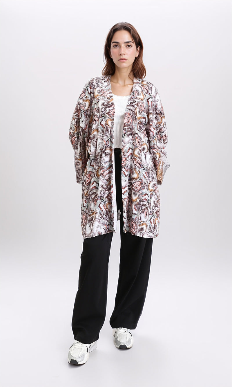 R209478 - Patterned Slip On Summer Cardigan - Brown & Orange