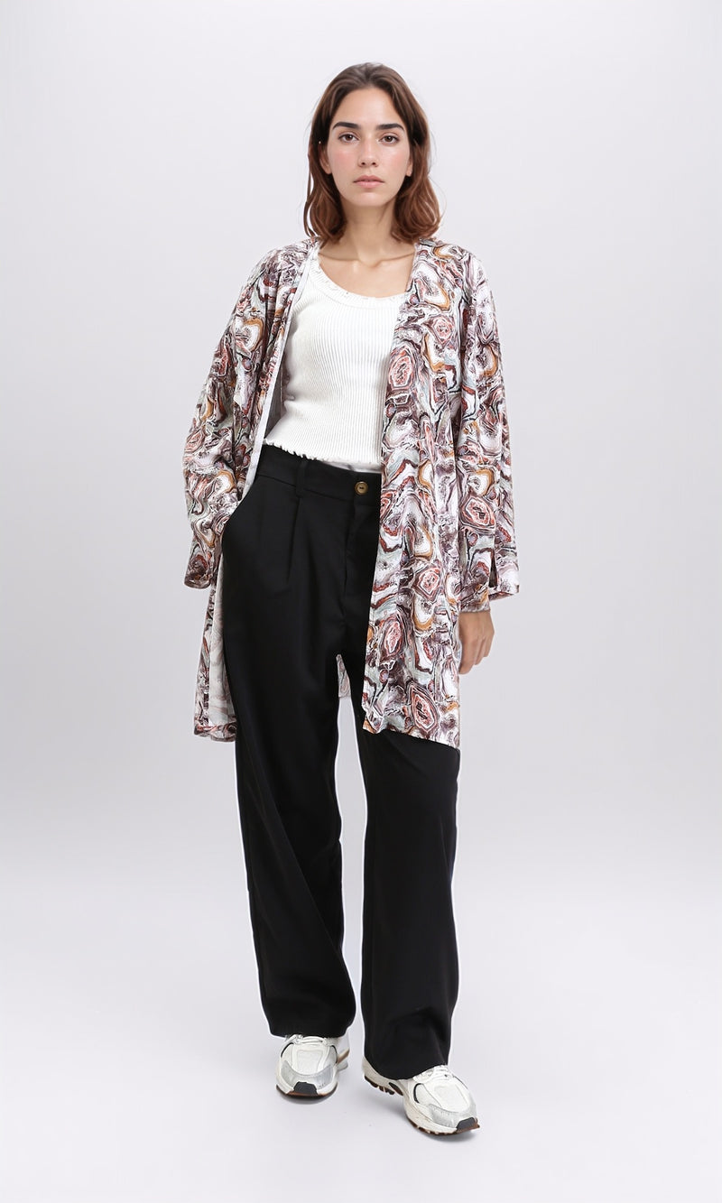 R209478 - Patterned Slip On Summer Cardigan - Brown & Orange