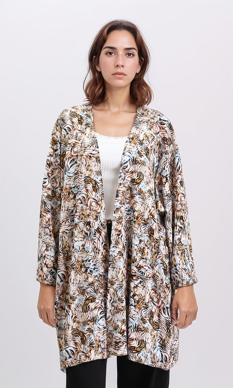 R209479 - Zebra Slip On Lightweight Cardigan - Brown & Light Blue