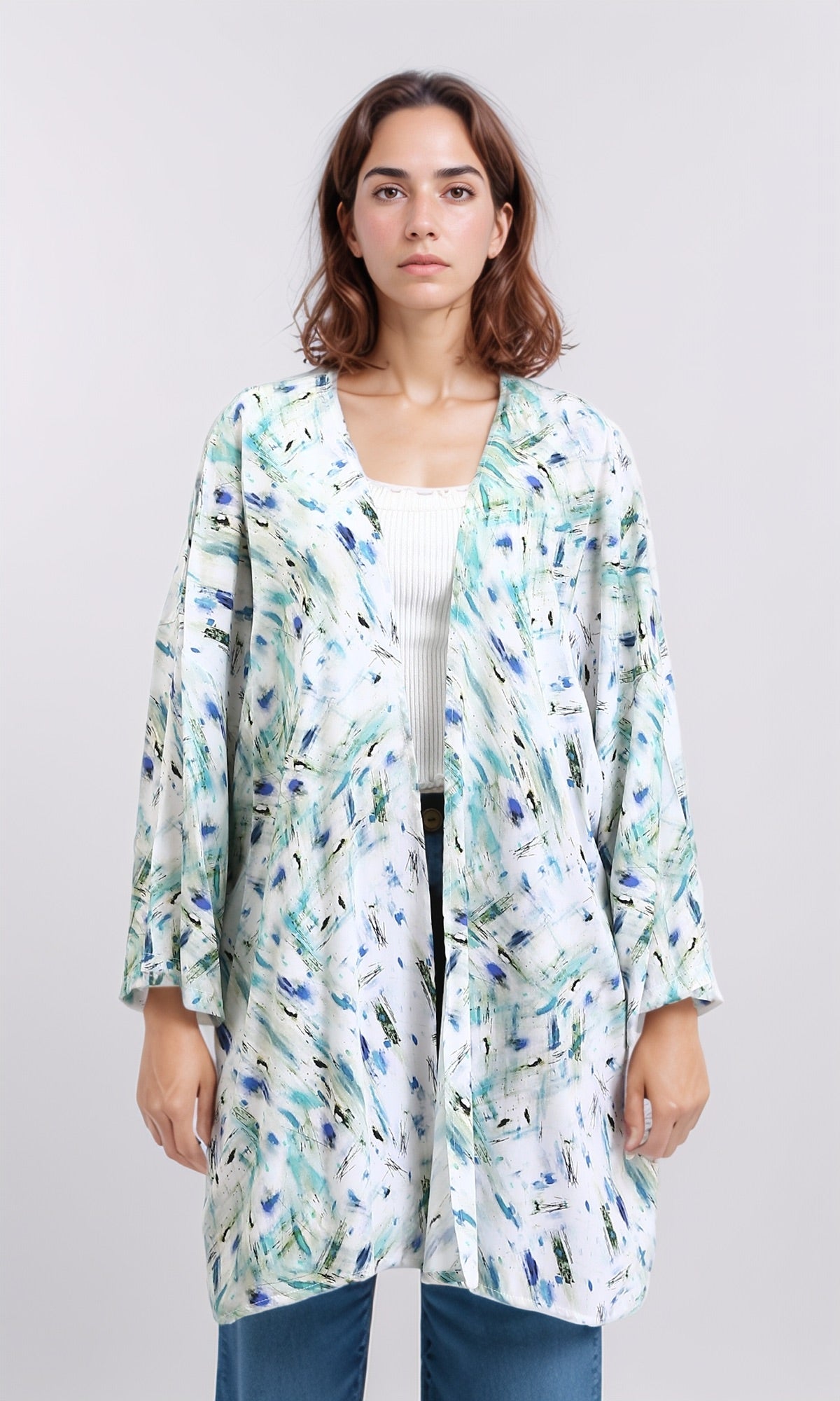 Patterned Open Neckline Summer Cardigan - Blue & Aqua