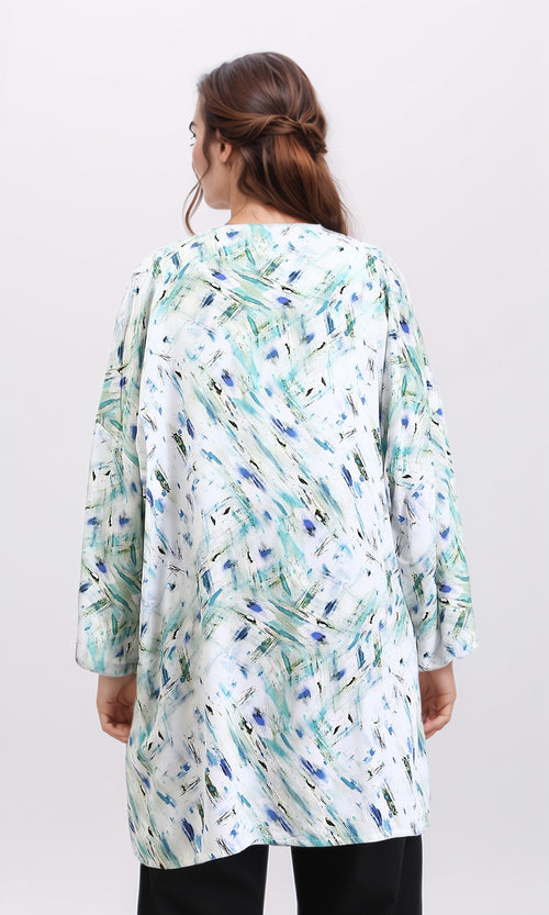 R209480 - كارديجان صيفي بنقشات بفتحة رقبة مفتوحة - أزرق وفيروزي
