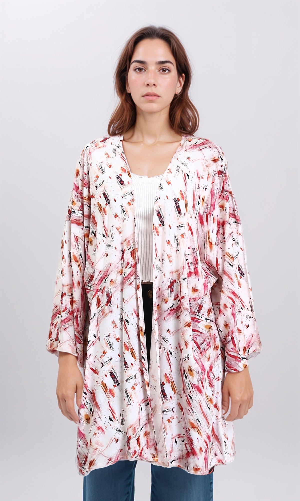 Patterned Open Neckline Summer Cardigan - Red & Orange