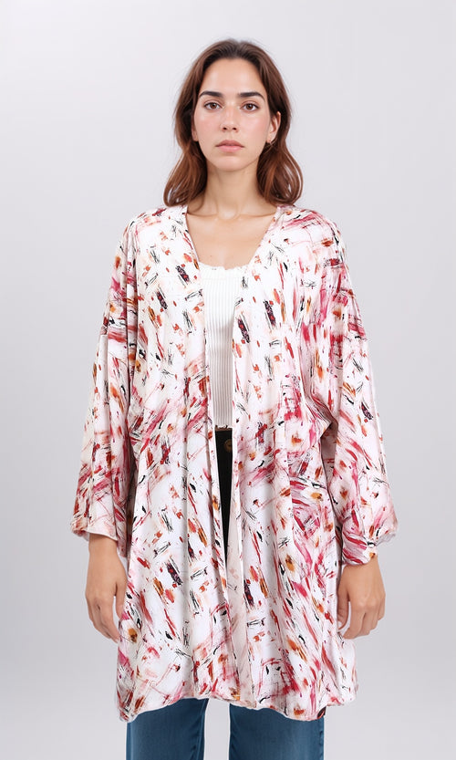 R209481 - Patterned Open Neckline Summer Cardigan - Red & Orange